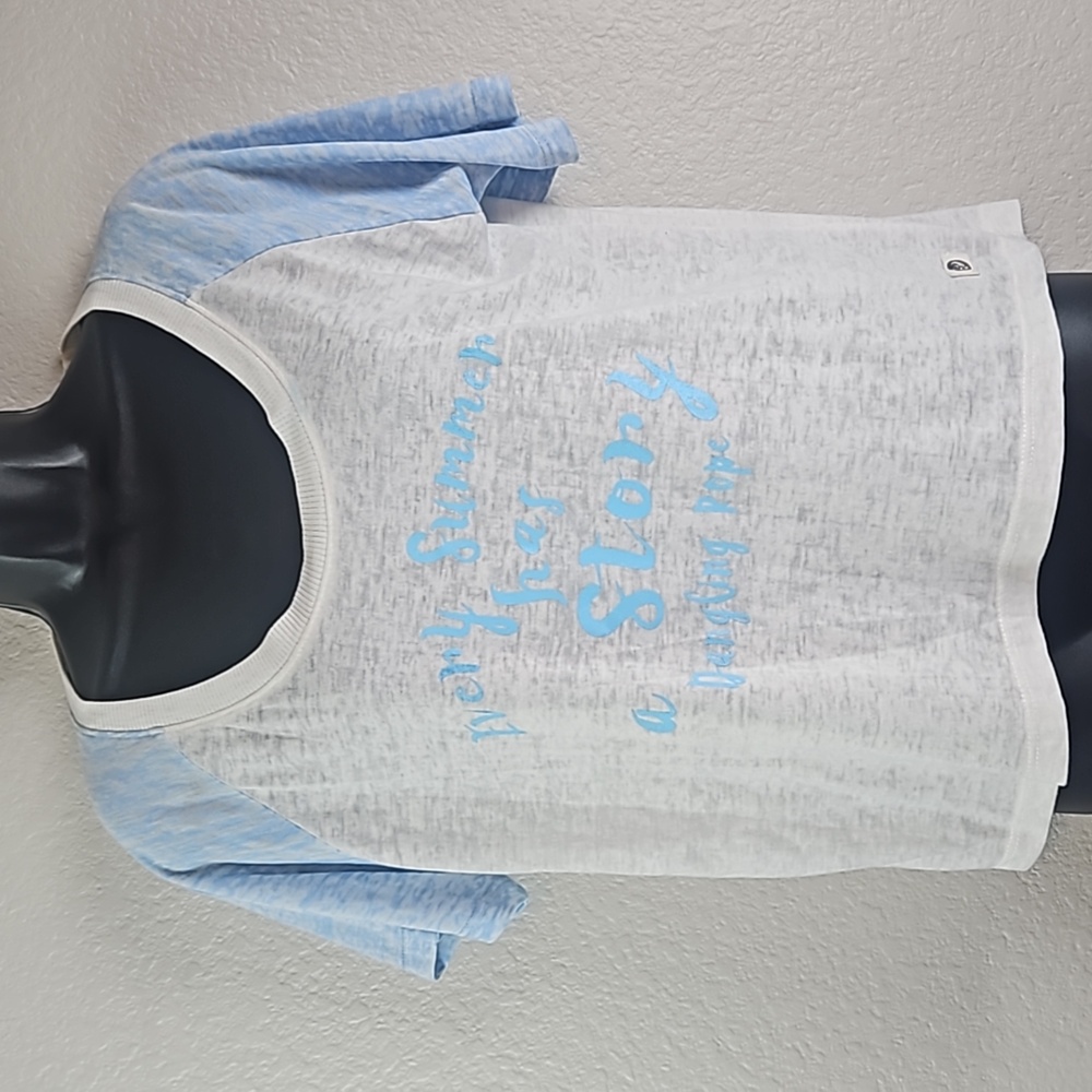 Lagaci | Women's Blue White Burn Out Raglan Sleeves Graphic Summer Crop Tee Sz M
